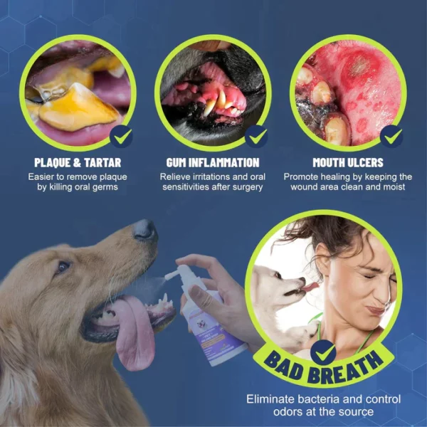 PetClean™ Köpekler ve Kediler İçin Diş Temizleme Spreyi, Ağız Kokusunu Giderir, Tartar ve Plakları Hedefler, Fırçalamadan