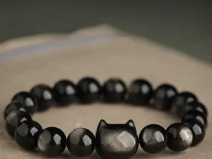 Absorbing Negative Energy Gold Silver Sheen Obsidian Cute Cat Protection Bracelet