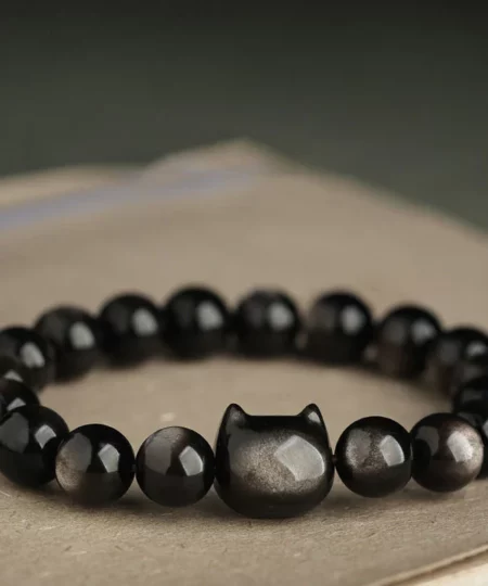 Assorbi l-Enerġija Negattiva Deheb Fidda Ileqq Obsidian Cute Cat Protezzjoni Bracelet