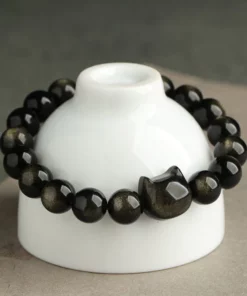 Absorbing Negative Energy Gold Silver Sheen Obsidian Cute Cat Protection Bracelet