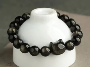 Absorbing Negative Energy Gold Silver Sheen Obsidian Cute Cat Protection Bracelet
