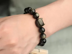 Absorbing Negative Energy Gold Silver Sheen Obsidian Cute Cat Protection Bracelet