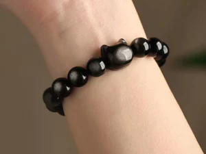 Absorbing Negative Energy Gold Silver Sheen Obsidian Cute Cat Protection Bracelet