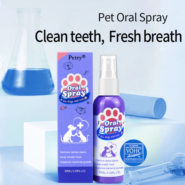 Petry® Spray de limpeza de dentes para cans e gatos, elimina o mal alento, diríxese ao sarro e á placa, sen cepillar