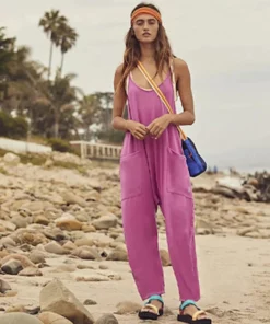 Women's Loose Sleeveless Jumpsuits Spaghetti Strap Stretchy Long Pant Romper Jumpsuit With Pockets Zipper