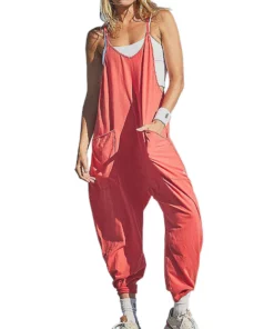 Women's Loose Sleeveless Jumpsuits Spaghetti Strap Stretchy Long Pant Romper Jumpsuit With Pockets Zipper