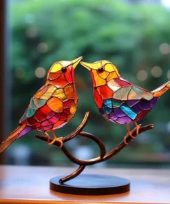 Alternative view of Stained Glass Birds on Branch Desktop Ornaments