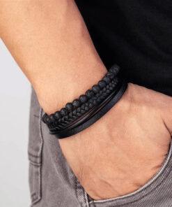 Alternative view of Natural Stone Obsidian Magnetic Buckle Men's Leather Bracelet