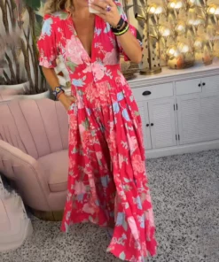 Floral Print V Neck Pocket Dress