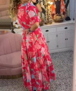 Floral Print V Neck Pocket Dress