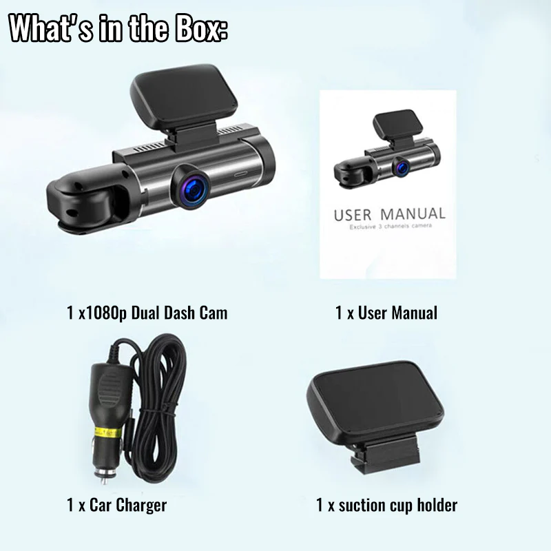 170° Wide View Dash Cam with 1080p Dual Lens, Wide 170° Coverage, G-Sensor, Night Vision & Loop Tech-tiktok 1 x suction cup holder 1 x Car Charger 1 x User Manual