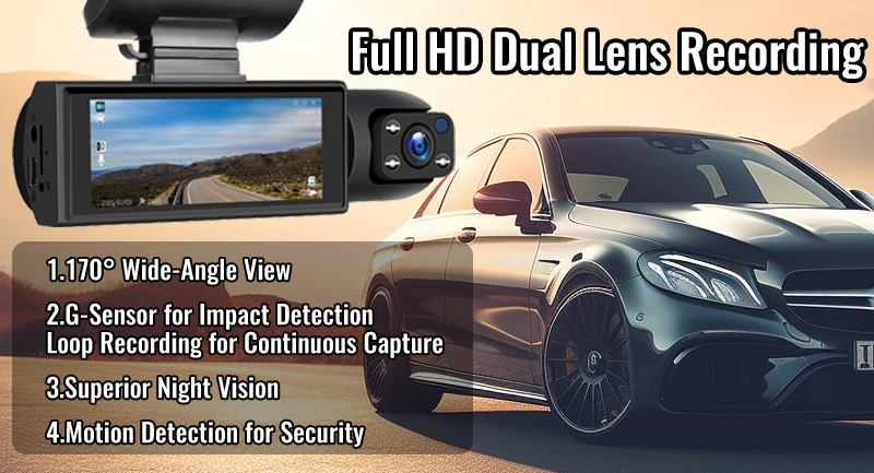 I-170° Wide View Dash Cam ene-1080p Dual Lens, I-Wide 170° Coverage, G-Sensor, Night Vision & Loop Tech-tiktok