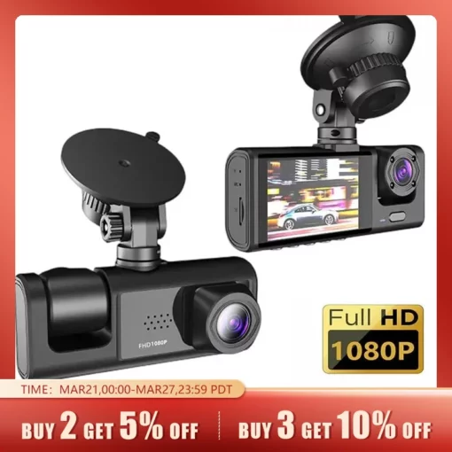 Dash Cam W/ IR Recordio Dolen Gweledigaeth Nos a 2" Sgrin IPS 1080P 3 Camera