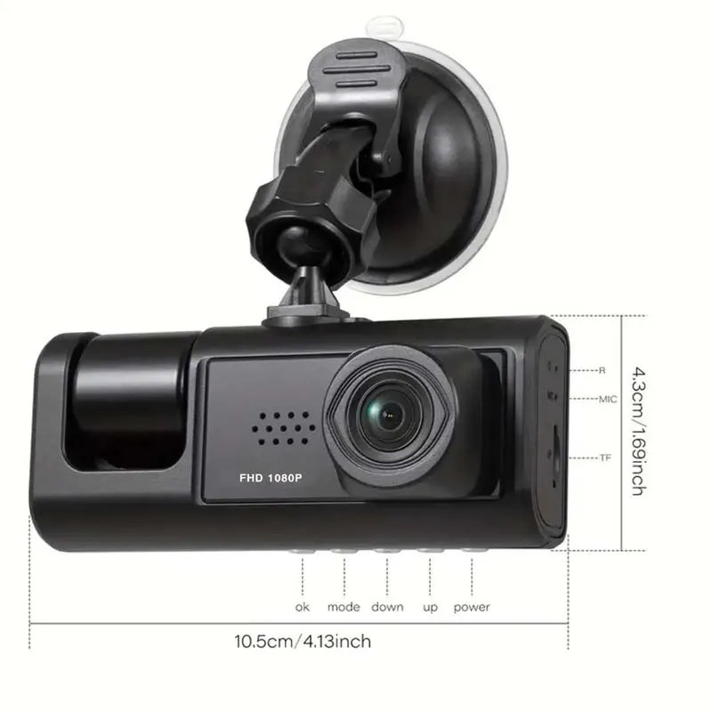 Dash Cam W/ IR Night Vision Loop Recording & 2" IPS Screen 1080P 3 Camera