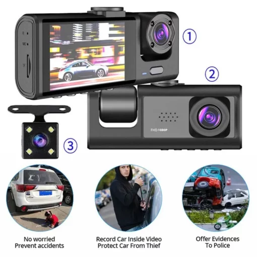 Dash Cam com gravação em loop de visão noturna IR e tela IPS de 2 "1080P 3 câmeras