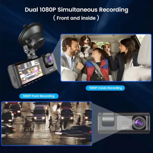 كاميرا داش كام مع تسجيل حلقة للرؤية الليلية بالأشعة تحت الحمراء وشاشة IPS 2 بوصة 1080P 3 كاميرا