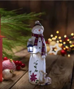 Christmas Decoration Woodland Snowman Holding Solar Lantern