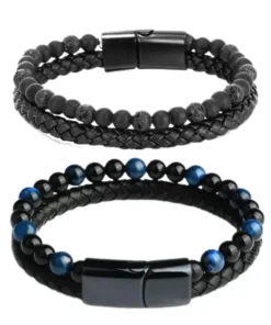 Histone Natural Agate Stone Leather Beaded Bracelet