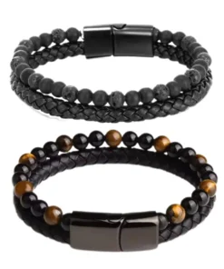 Histone Natural Agate Stone Leather Beaded Bracelet