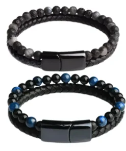 Histone Natural Agate Stone Leather Beaded Bracelet