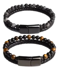 Histone Natural Agate Stone Leather Beaded Bracelet