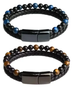 Histone Natural Agate Stone Leather Beaded Bracelet