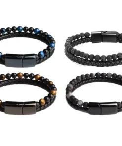 Histone Natural Agate Stone Leather Beaded Bracelet