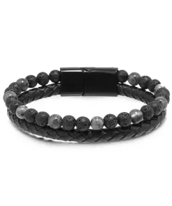 Histone Natural Agate Stone Leather Beaded Bracelet