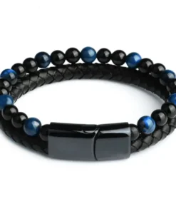Histone Natural Agate Stone Leather Beaded Bracelet