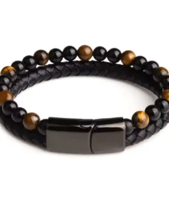 Histone Natural Agate Stone Leather Beaded Bracelet