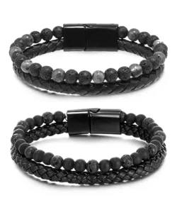 Histone Natural Agate Stone Leather Beaded Bracelet