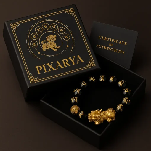 Vòng tay năng lượng Obsidian PIXARYA™ với Pixiu vàng – Sự giàu có và bảo vệ về mặt tinh thần