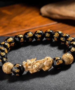 Vòng tay năng lượng Obsidian PIXARYA™ với Pixiu vàng – Sự giàu có và bảo vệ về mặt tinh thần