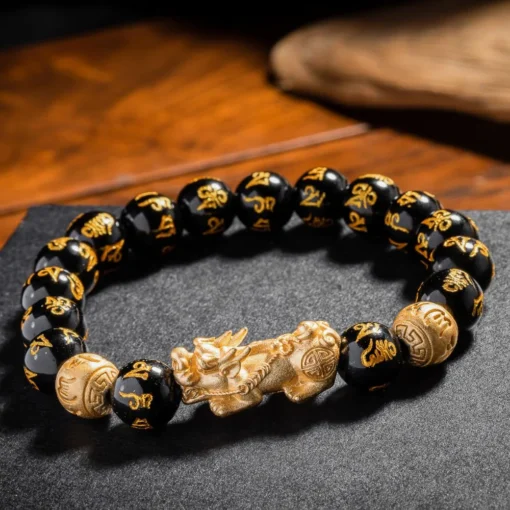 Vòng tay năng lượng Obsidian PIXARYA™ với Pixiu vàng – Sự giàu có và bảo vệ về mặt tinh thần