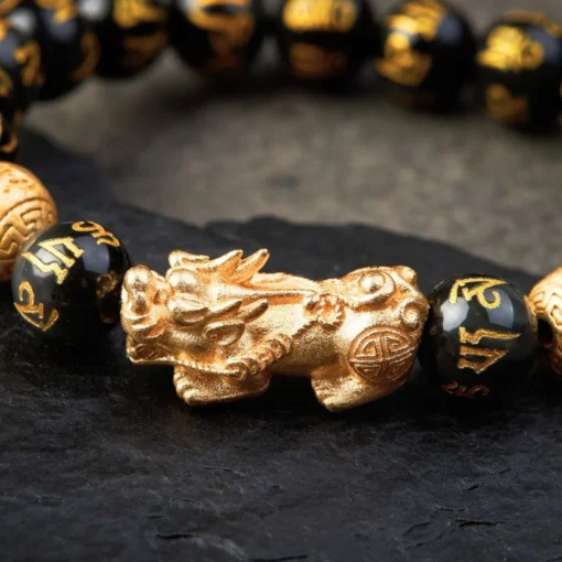Vòng tay năng lượng Obsidian PIXARYA™ với Pixiu vàng – Sự giàu có và bảo vệ về mặt tinh thần