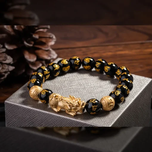 Vòng tay năng lượng Obsidian PIXARYA™ với Pixiu vàng – Sự giàu có và bảo vệ về mặt tinh thần